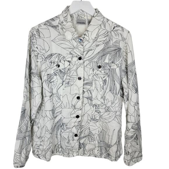 CHICO'S 100% Linen Black & White Print Button Down Shacket - Chico's 2 - L (12) - Picture 1 of 3